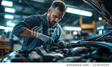 A car mechanic technician repairs a car in an auto repair shop. Generative AI. A car mechanic technician repairs a car in an auto repair shop. Generative AI. 133054293