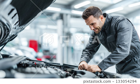 A car mechanic technician repairs a car in an auto repair shop. Generative AI. A car mechanic technician repairs a car in an auto repair shop. Generative AI. 133054294