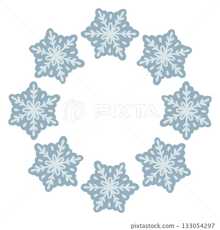 Vector illustration of cute snowflakes arranged in a circular frame. Winter holiday design, Christmas decoration, snowflake wreath, isolated on white background, perfect for greeting cards and prints 133054297
