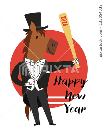 一匹身著燕尾服、頭戴高禮帽的駿馬，手持棒球棒和棒球，在2026年的第一道陽光前擺出造型。 133054338