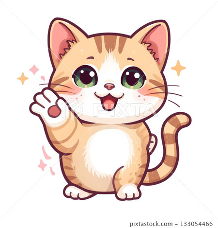 一幅流行插畫，描繪了一隻貓舉起爪子打招呼的場景。 133054466
