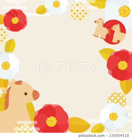 精美可愛的山茶花和馬匹圖案方框 精美可愛的山茶花和馬匹圖案方框 133054518