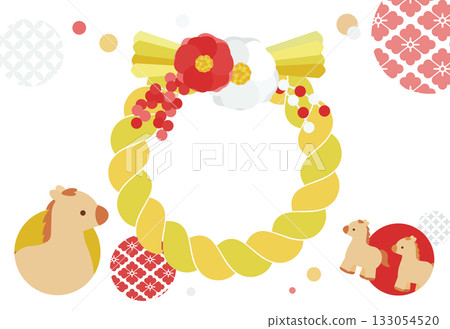 以山茶花裝飾的新年賀卡，配以注連繩相框，2026年馬年，中心 133054520