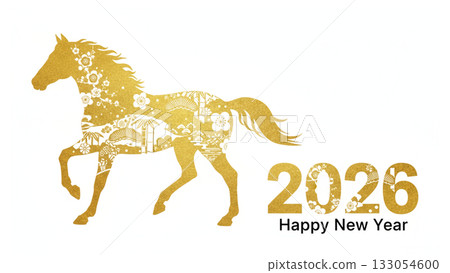 2026 New Year's card featuring a gold Japanese horse. A gorgeous, traditional New Year's design. 133054600