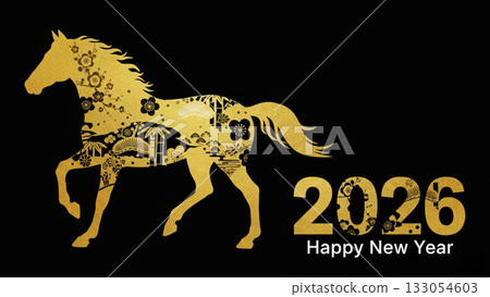A 2026 New Year's card featuring a gold Japanese horse pattern shining on a black background. A modern Japanese design that exudes luxury and solemnity. 133054603