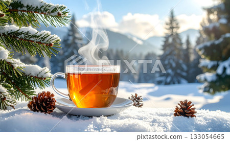 Glass teacup on snow in the forest Glass teacup on snow in the forest 133054665