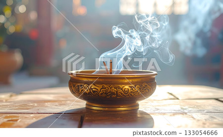 香菸裊裊升起,香火繚繞,煙霧繚繞。 香菸裊裊升起,香火繚繞,煙霧繚繞。 133054666