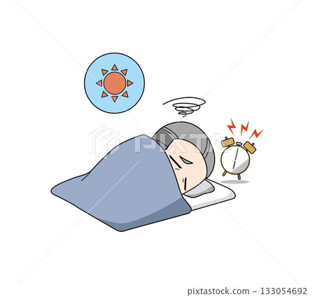 一幅描繪一位難以起床的老人的插圖 一幅描繪一位難以起床的老人的插圖 133054692