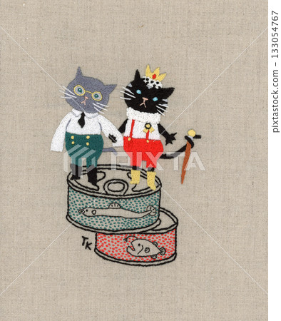 Embroidery of two cats and canned food 133054767
