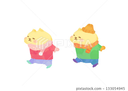 可愛的貓咪享受冬日漫步的水彩插畫 133054945
