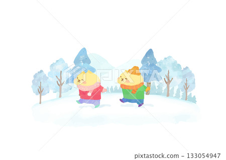 Cute cat enjoying the winter snow scenery watercolor illustration Cute cat enjoying the winter snow scenery watercolor illustration 133054947