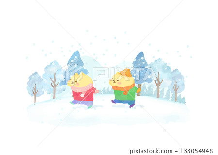 可愛的貓咪欣賞冬日雪景的水彩插畫 133054948