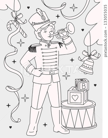 Detailed line art of a vintage toy soldier playing a trumpet with festive ribbons and a bell. A classic Christmas and New Year coloring page outline for a fun holiday activity. 133055035