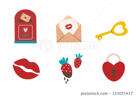 Valentine's Day craft set: lock and key, mailbox, letter, kiss, and chocolate-covered strawberries. Perfect for scrapbooking, greeting cards, party invitations, and gift tags. Valentine's Day craft set: lock and key, mailbox, letter, kiss, and chocolate-covered strawberries. Perfect for scrapbooking, greeting cards, party invitations, and gift tags. 133055417