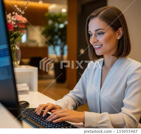 Women working at corporate reception desks 133055487