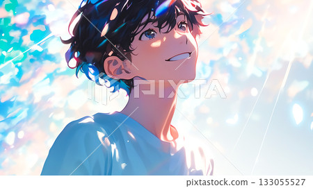 一幅動漫風格的插畫，描繪了一個沐浴在閃爍光芒中的男孩。 133055527