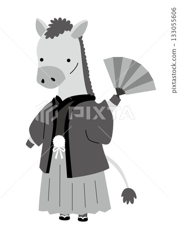 Horse in Japanese clothing holding a fan, monochrome 133055606