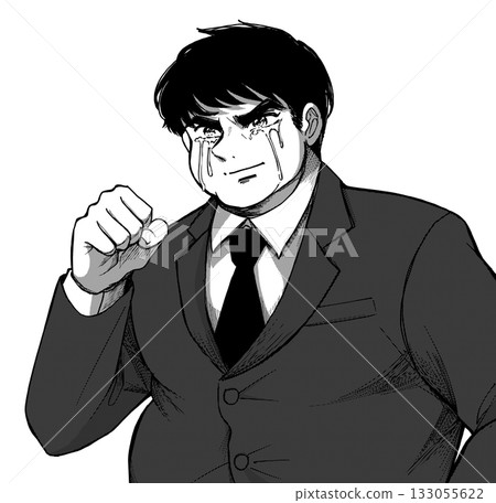 一幅插圖，描繪了一個身材豐滿、情緒激動、哭泣著揮舞拳頭的男人。 133055622
