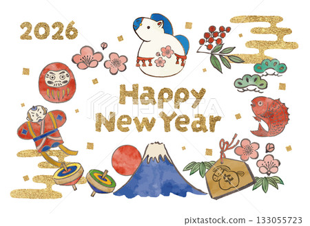 New Year's card template with horse decorations and New Year's lucky charms 133055723