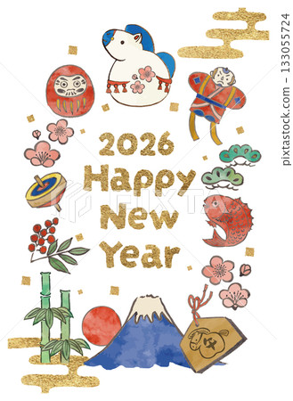 New Year's card template with horse decorations and New Year's lucky charms 133055724