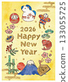 New Year's card template with horse decorations and New Year's lucky charms 133055725