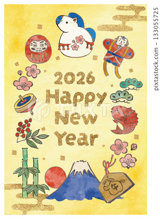 New Year's card template with horse decorations and New Year's lucky charms 133055725