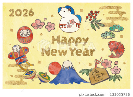 New Year's card template with horse decorations and New Year's lucky charms New Year's card template with horse decorations and New Year's lucky charms 133055726