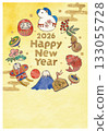 New Year's card template with horse decorations and New Year's lucky charms 133055728