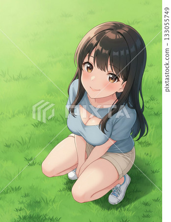 A woman crouching on the grass and looking up 133055749