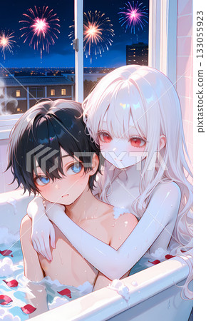 A cute couple enjoying a bath with a great view. This manga-style AI illustration can also be used as a thumbnail for vertical videos. A cute couple enjoying a bath with a great view. This manga-style AI illustration can also be used as a thumbnail for vertical videos. 133055923