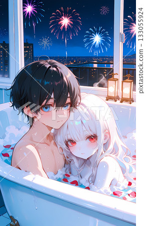 一對可愛的情侶正在享受泡澡，同時欣賞美景。這幅漫畫風格的AI插畫也可以用作垂直螢幕影片的縮圖。 133055924