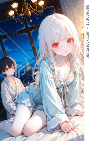 A cute couple staying in a bedroom with a night view. This manga-style AI illustration can also be used as a thumbnail for vertical videos. 133056069