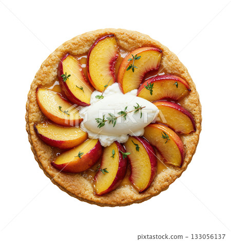 Delightful fresh nectarine and thyme tart, delicious pastry dessert with creamy ricotta quenelle for sweet treat 133056137