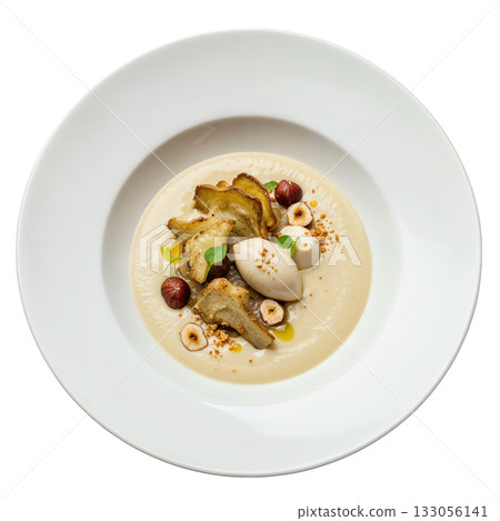 Comforting, creamy Jerusalem artichoke veloute soup in bowl with hazelnut, delicious gourmet appetizer dish 133056141