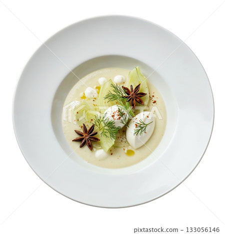 Elegant gourmet fennel and anise soup, comforting creamy veloute. Delicious appetizer served in white dish 133056146