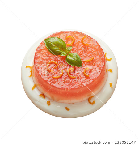 Fresh gourmet grapefruit gelee dessert. light citrus jelly layered on yogurt cream base with basil garnish Fresh gourmet grapefruit gelee dessert. light citrus jelly layered on yogurt cream base with basil garnish 133056147
