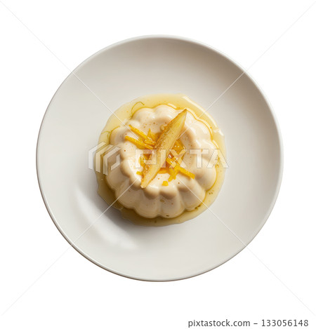 Delicious Ginger Cremeux, silky spiced cream set in mold topped with candied lemon zest and honey drizzle 133056148