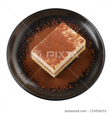 Delicious tiramisu slice, classic Italian dessert on plate, dusted with cocoa powder and rich cream Delicious tiramisu slice, classic Italian dessert on plate, dusted with cocoa powder and rich cream 133056255