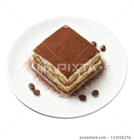 Delicious slice of italian tiramisu cake dessert with mascarpone cream, dusted with rich cocoa powder on plate Delicious slice of italian tiramisu cake dessert with mascarpone cream, dusted with rich cocoa powder on plate 133056256