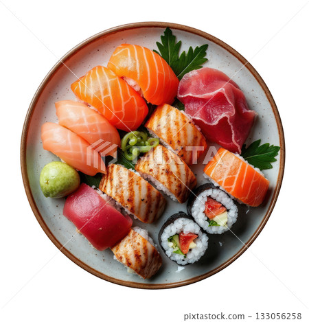 Appetizing sushi platter with fresh salmon nigiri, tuna sashimi, and maki roll. delicious Japanese food assortment 133056258