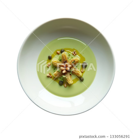 Delicate gourmet zucchini flower soup appetizer. This healthy and elegant fine dining dish transparency background Delicate gourmet zucchini flower soup appetizer. This healthy and elegant fine dining dish transparency background 133056291