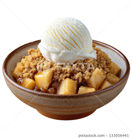 Golden Crisp Topping over Tender Apple Chunks Served with Vanilla Ice Cream in a Rustic Bowl 133056441
