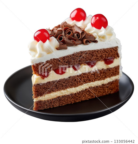 Indulgent Slice of Black Forest Cake with Layers of Chocolate Sponge, Whipped Cream, and Topped with Cherries and Curls 133056442