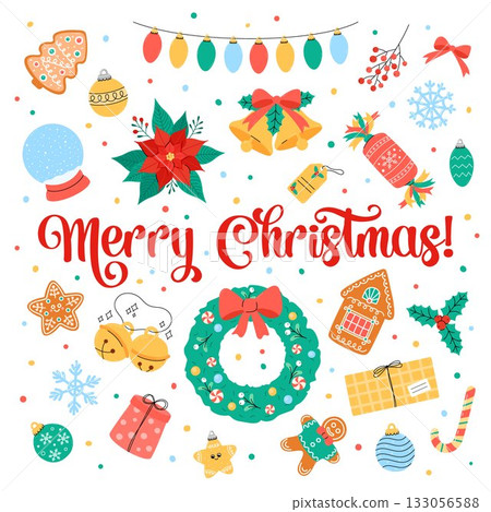 Merry Christmas cute vector greeting card square design. Festive ornaments, jingle bells, Xmas holiday symbols for December seasonal greetings. Text Merry Christmas. Flat and doodle style 133056588