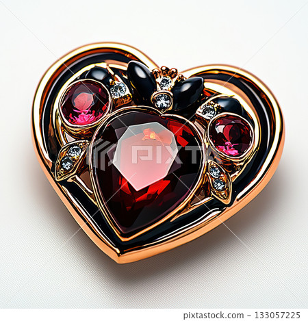 Ornate heart jewelry with precious ruby gemstone, romantic accessory expressing deep passion and love on white background 133057225