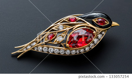 Precious ruby bird brooch, an elegant piece of vintage jewelry. This exquisite design shows deep passion for art 133057254