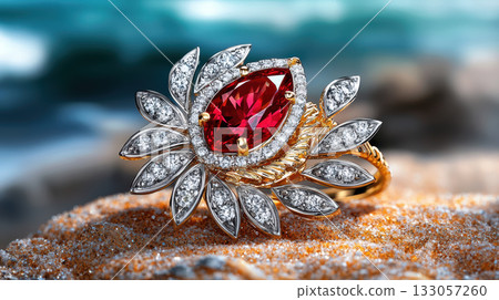 Precious ruby diamond ring luxury piece of jewelry showing deep feeling of passion and romantic love on sandy beach Precious ruby diamond ring luxury piece of jewelry showing deep feeling of passion and romantic love on sandy beach 133057260