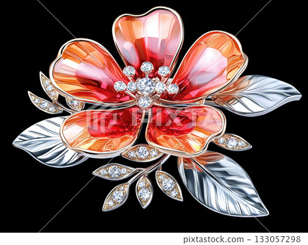 Precious flower brooch with ruby red crystal. This jewelry sparkles with passion and elegance on black background 133057298