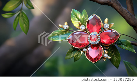 Precious ruby flower brooch stunning piece of jewelry evoking deep passion. elegant red gemstone sparkles on tree branch 133057299