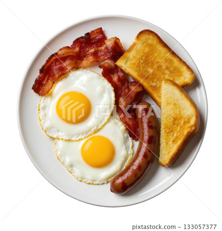 Satisfying breakfast plate with fried egg, bacon, sausage and toast. classic, hearty, appetizing morning meal 133057377